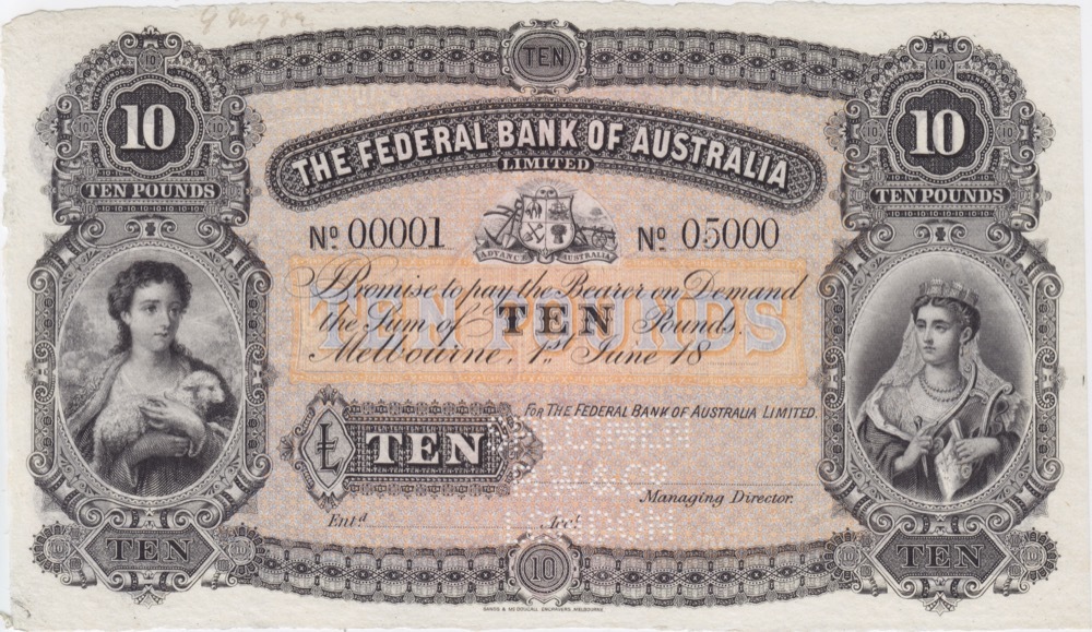 Federal Bank of Australia (Melbourne) ca 1889 10 Pounds Unissued Specimen Note MVR# 1 Uncirculated product image