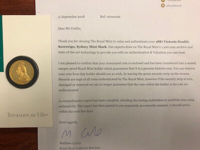 Letter from Royal Mint re 1887 Sydney Two Pound Proof