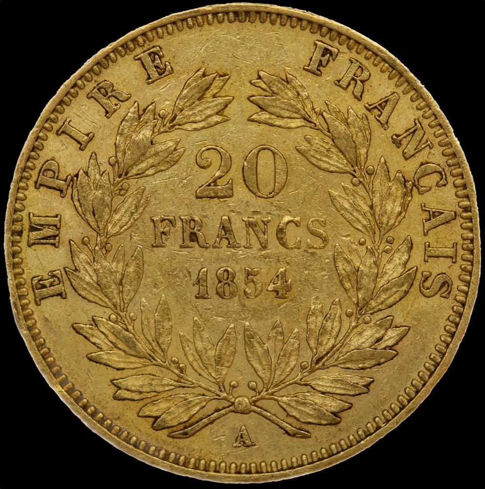 France 1854-A Gold 20 Franc Napoleon KM#781.1 Extremely Fine product image