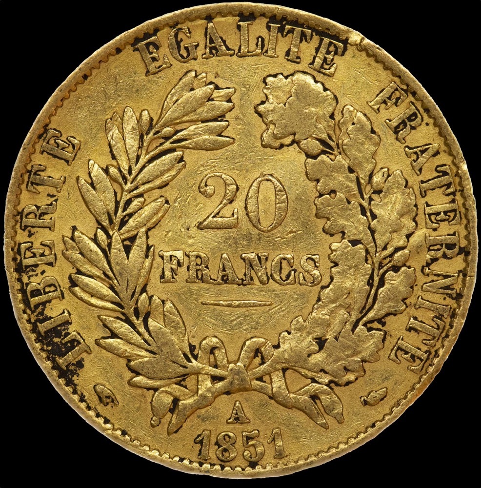 France 1851-A Gold 20 Franc Ceres KM#762 Good VF product image