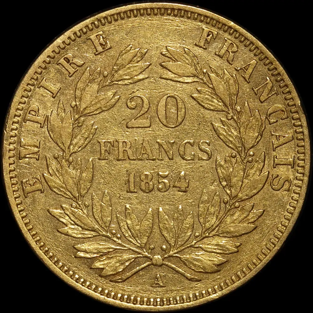 France 1854-A Gold 20 Franc Napoleon KM#781.1 Good VF product image