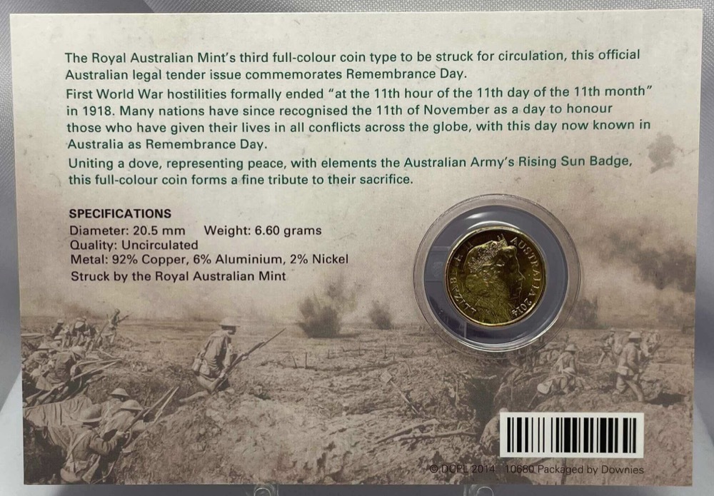 2014 Coloured 2 Dollar Uncirculated Coin Remembrance Green Dove product image