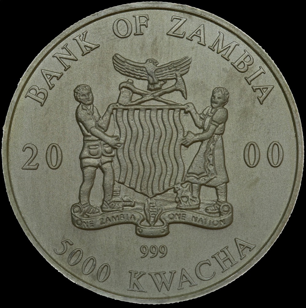 Zambia 2000 Silver 5,000 Kwacha KM# 141 Uncirculated Elephant product image
