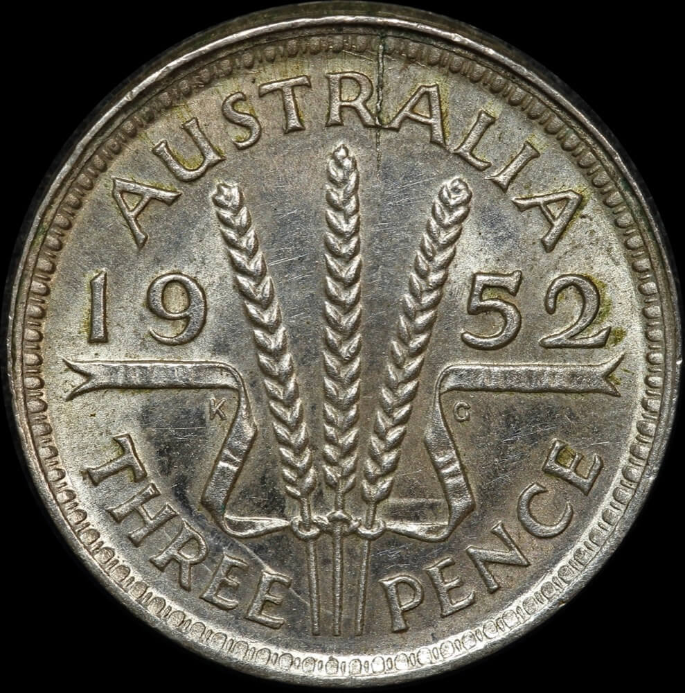 1952 Threepence Obverse Elliptical Brockage Error about Unc