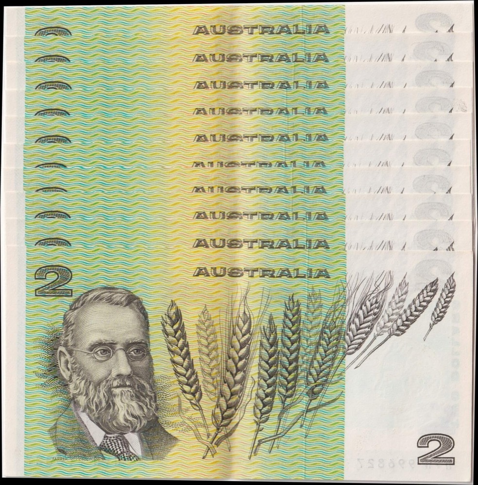 1976 $2 Note Consecutive Run of 10 OCR-B Serials Side Thread Knight/Wheeler R86C about Uncirculated