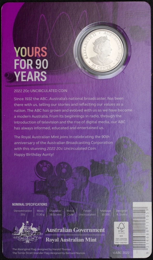 2022 20 Cent Uncirculated Coin The ABC - Yours For 90 Years