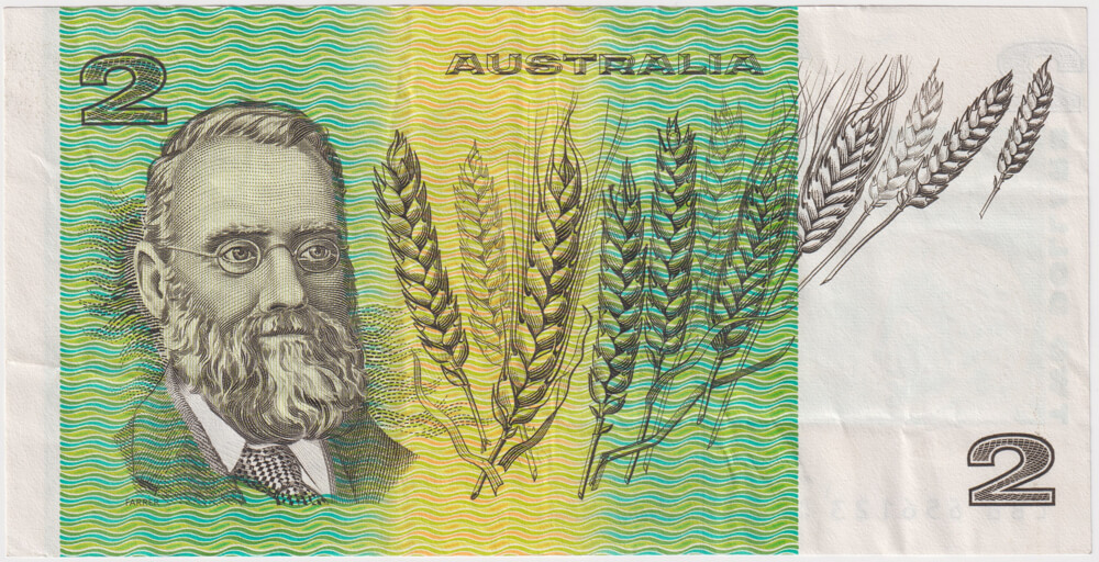 1985 $2 Note Johnston/Fraser 4mm Registration Shift Error R89 about EF