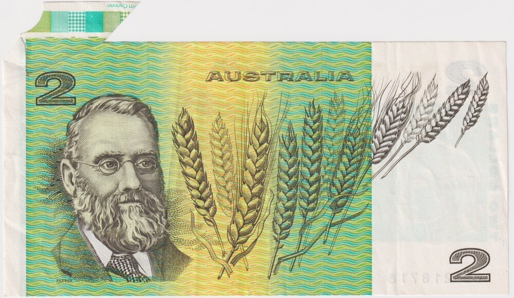 1985 $2 Note 28mm Print Flap Error Johnston/Fraser R89 Extremely Fine