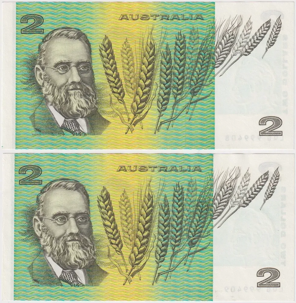 1985 $2 Note Pair LQG Last Prefix - Last 1,000 Johnston/Fraser R89L about Unc product image