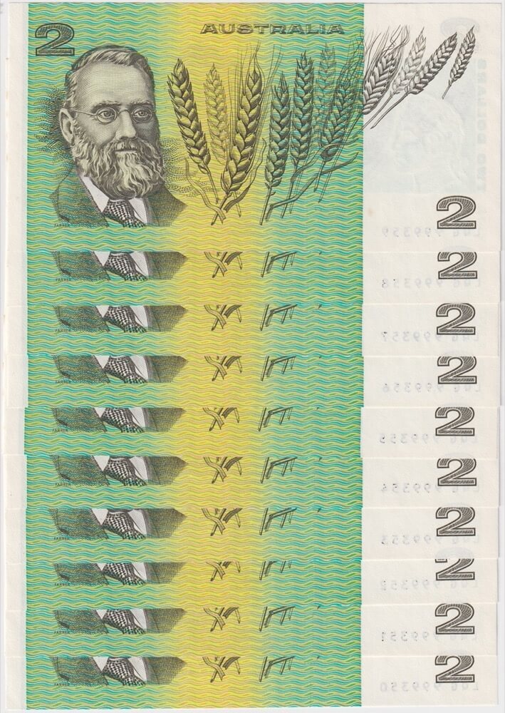 1985 $2 Note Consecutive Run of 10 LQG Last Prefix Johnston/Fraser R89L about Unc