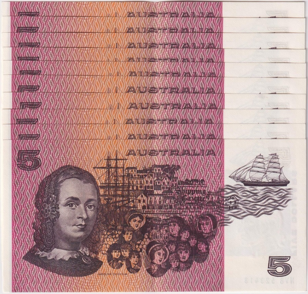 1976 $5 Note Consecutive Run of 10 Gothic Serials Side Thread Knight/Wheeler R206B About Uncirculated
