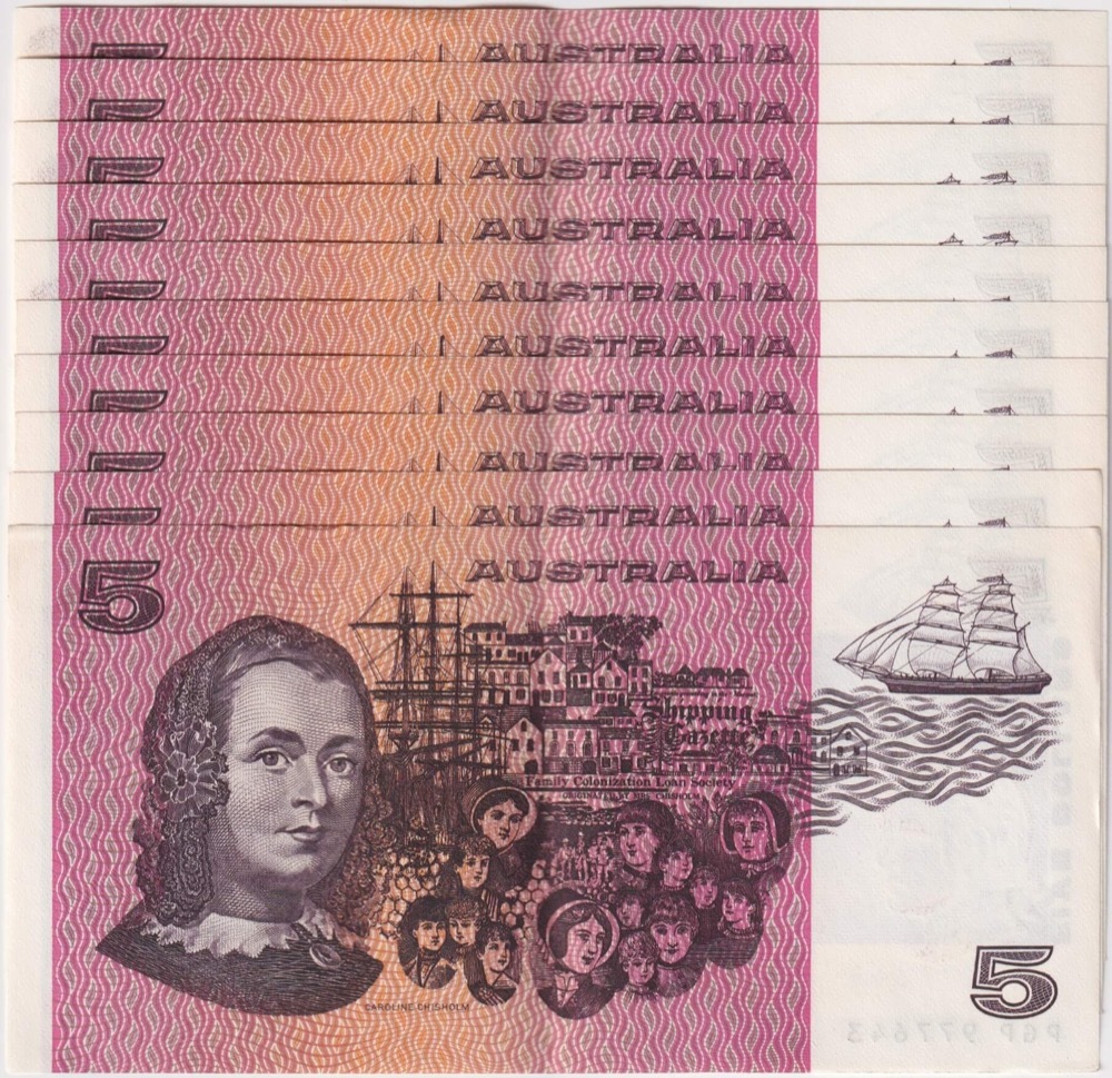 1983 $5 Note Consecutive Run of 10 Johnston/Stone R208 about Uncirculated