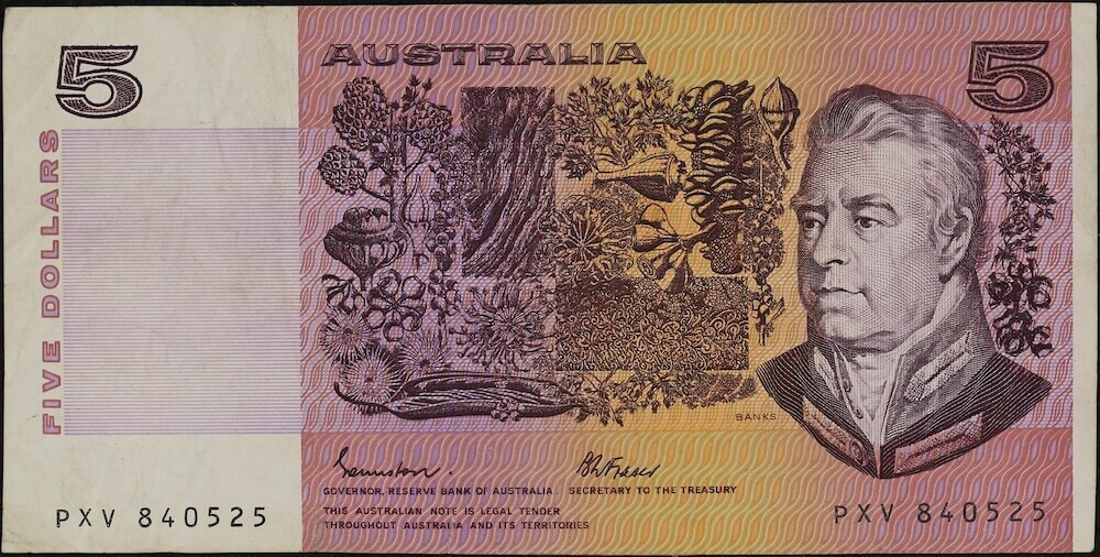 1985 $5 Note Print Obstruction Error OCR-B Serials Side Thread Johnston/Fraser R209A good VF