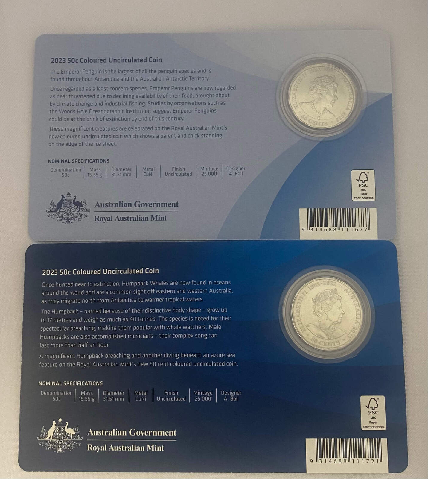 2023 Coloured 50 Cent Pair Uncirculated Emperor Penguin & Humpback Whale product image