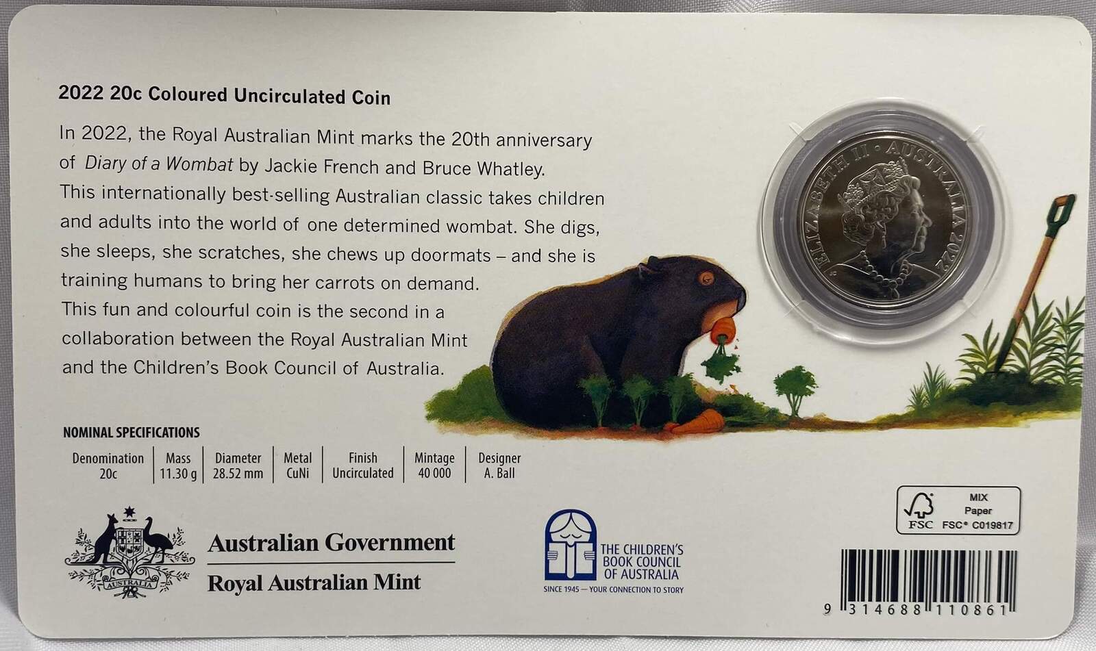 2022 Coloured 20 Cent Uncirculated Coin Diary of a Wombat product image