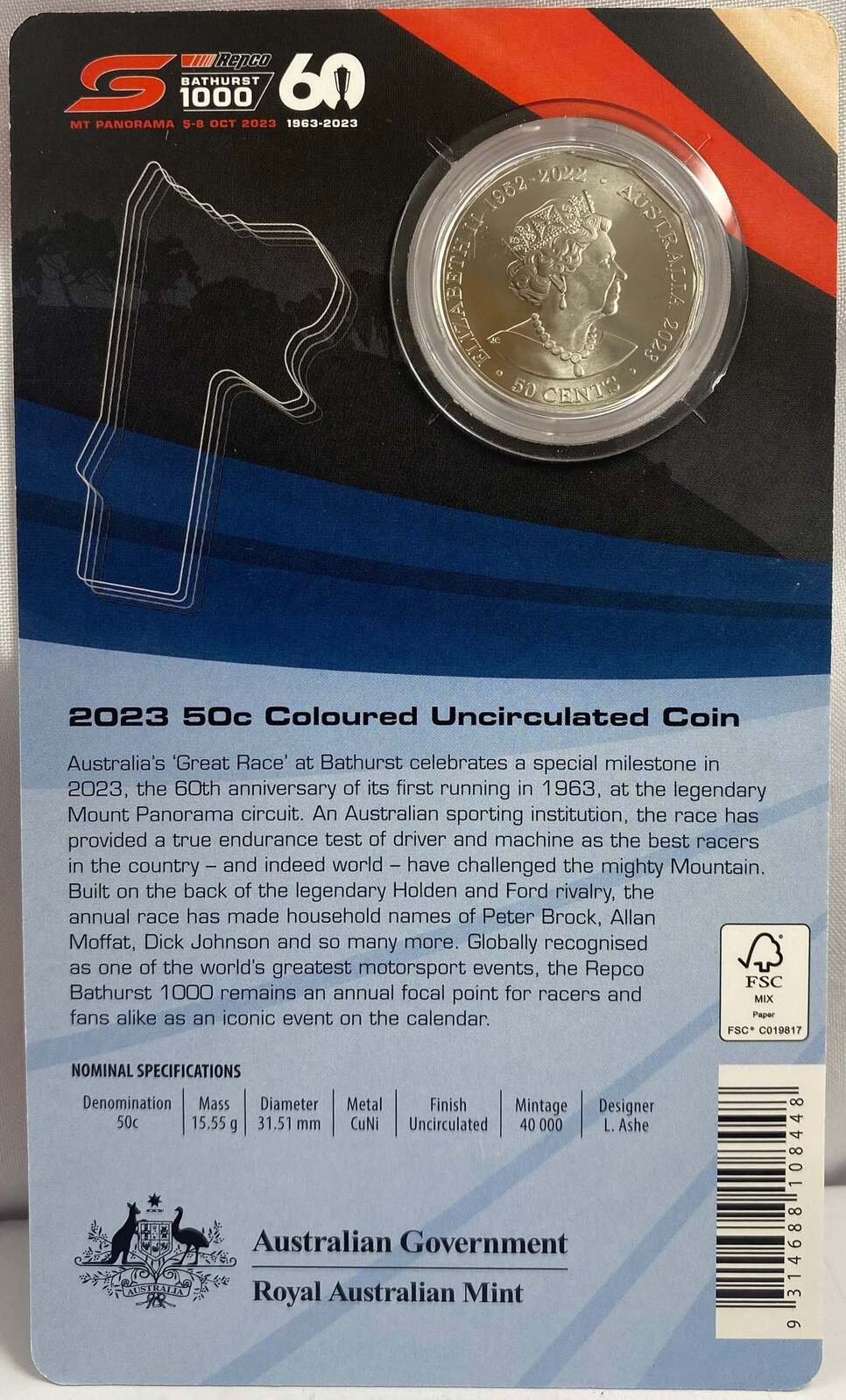2023 Coloured 50 Cent Uncirculated Coin - 60th Anniversary of Bathurst product image