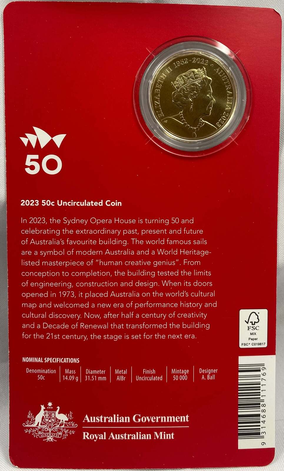2023 50 Cent Uncirculated Coin 50th Anniversary of The Sydney Opera House product image
