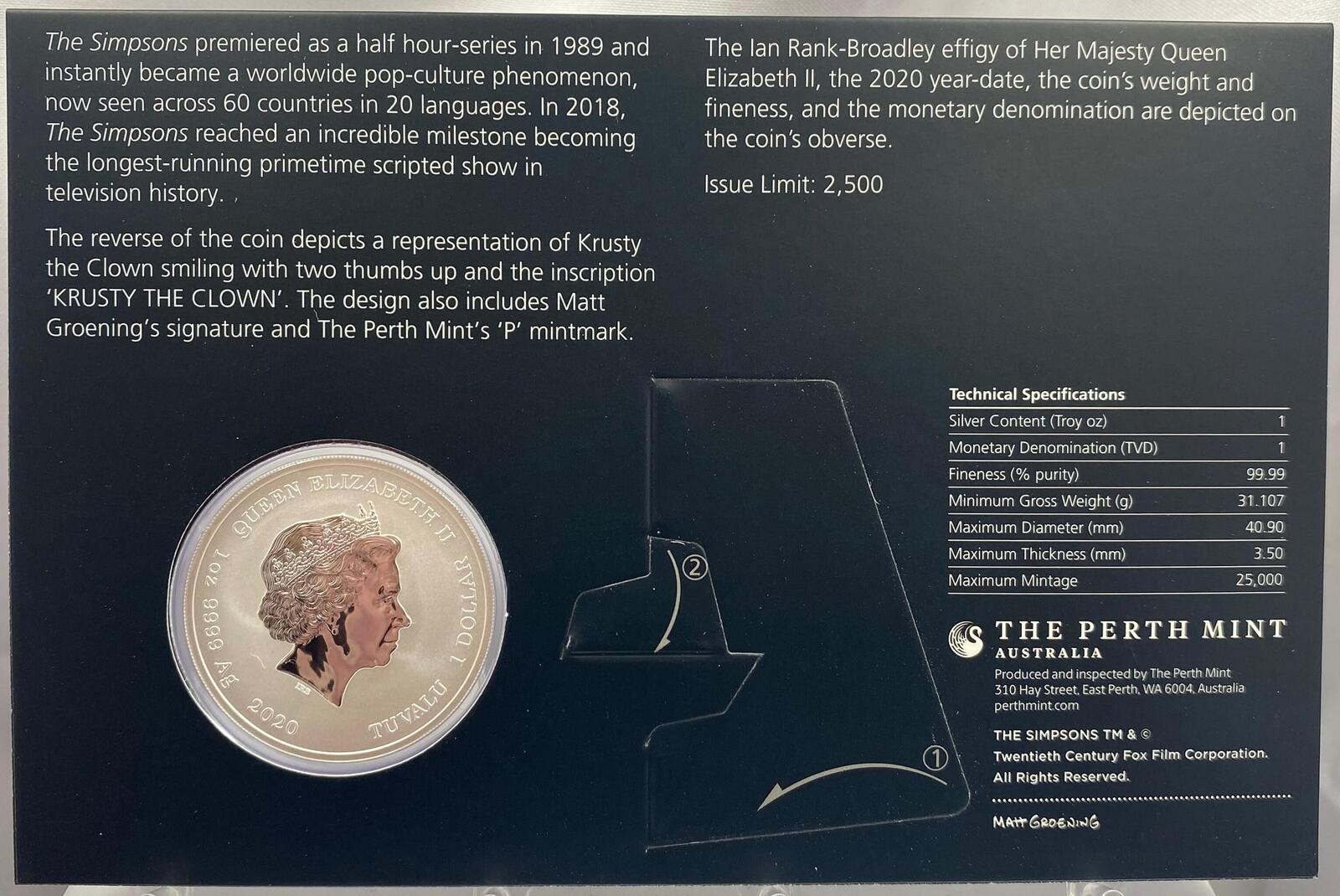 Tuvalu 2020 1oz Silver Uncirculated Coin The Simpsons - Krusty the Clown product image