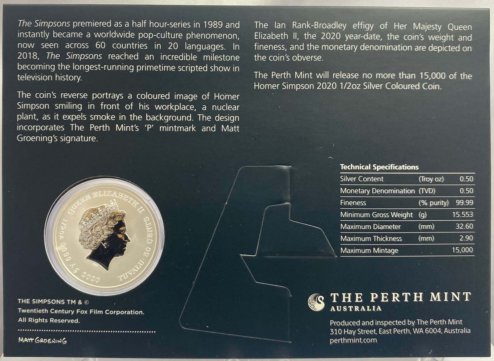 Tuvalu 2020 1/2oz Coloured Uncirculated Coin The Simpsons - Homer product image