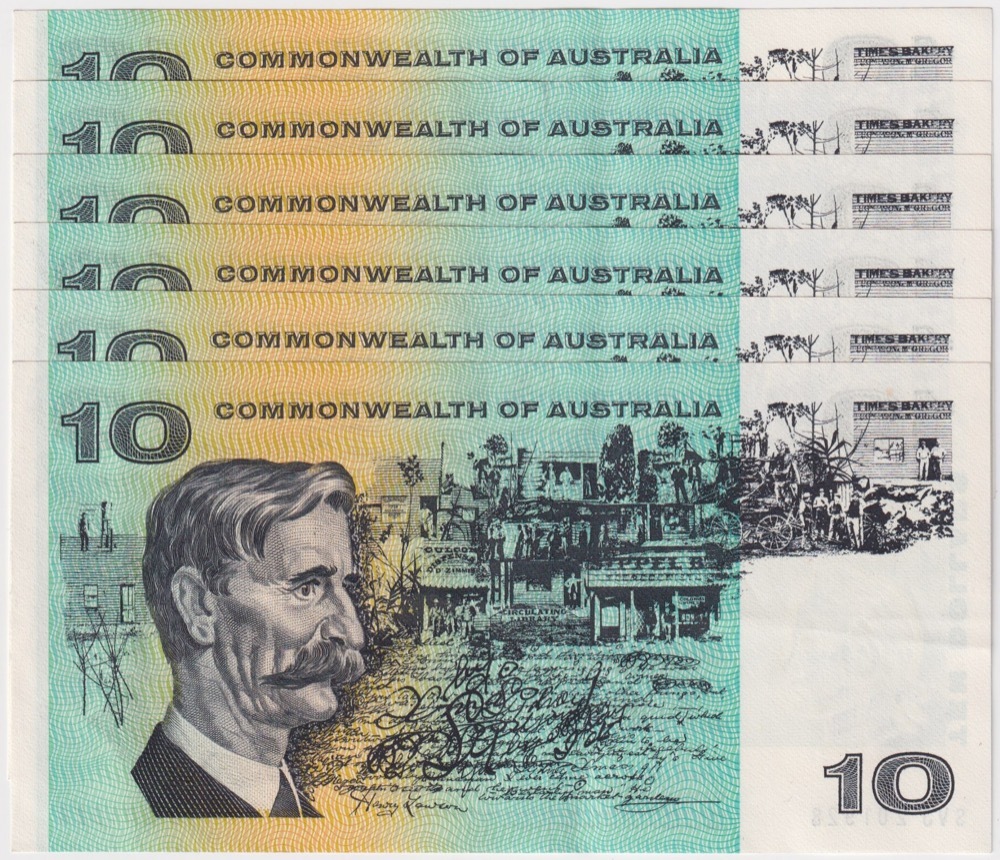 1972 $10 Consecutive Run of 6 Notes Commonwealth of Australia Phillips/Wheeler R304 good EF