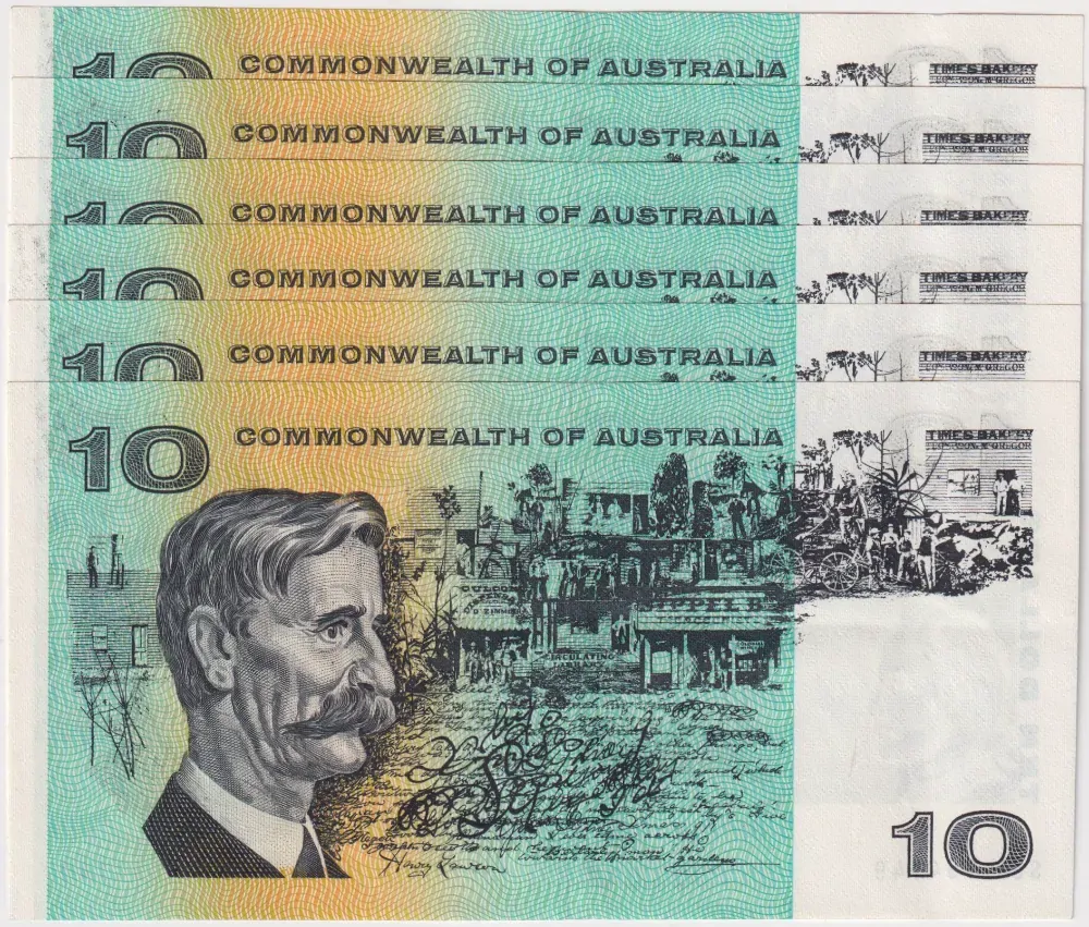 1972 $10 Consecutive Run of 6 Notes Commonwealth of Australia Phillips/Wheeler R304 Extremely Fine