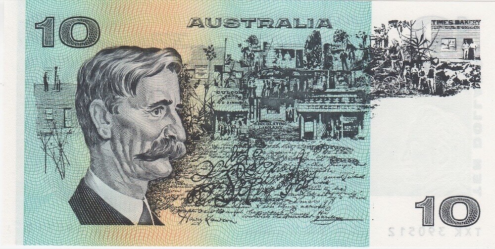 1979 $10 Note OCR-B Serials Side Thread Knight/Stone R307B Uncirculated