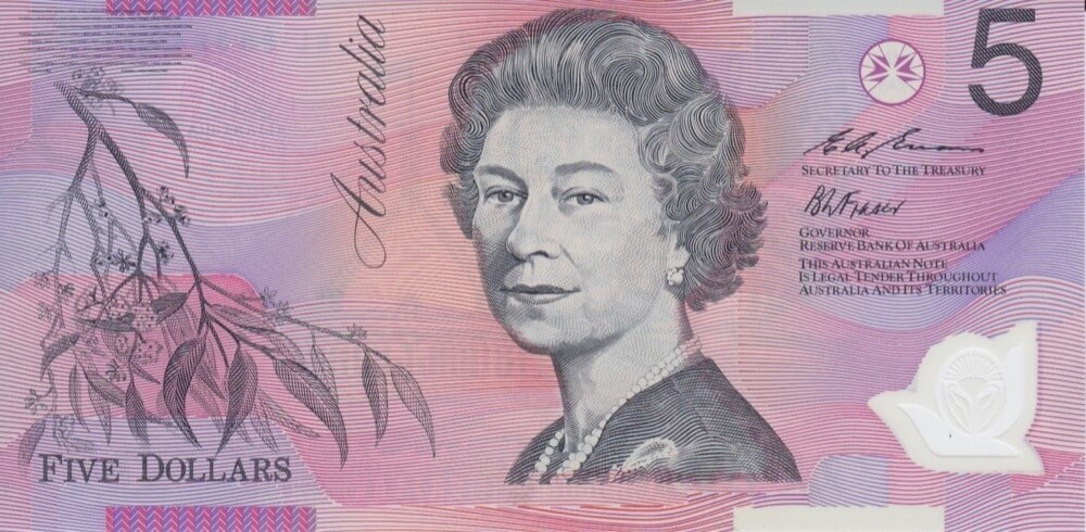 1995 $5 Note Recoloured Wide Orientation Bands Fraser/Evans R217a Uncirculated