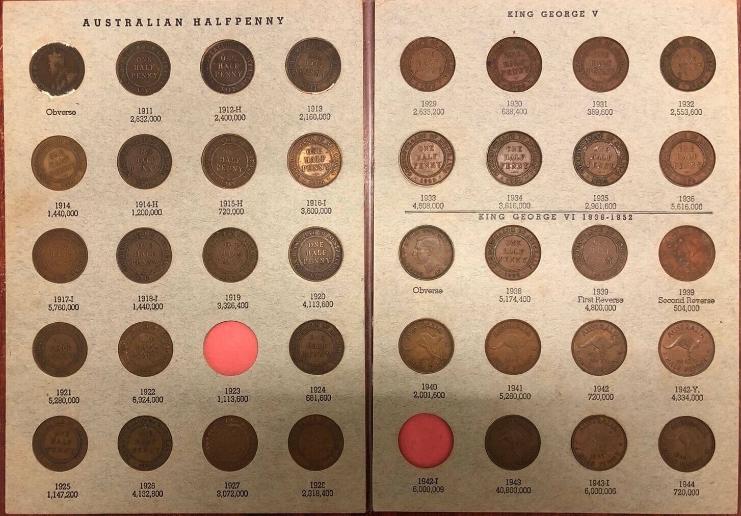 Date Set of Australian Halfpennies ex 1923 in Pressin Album