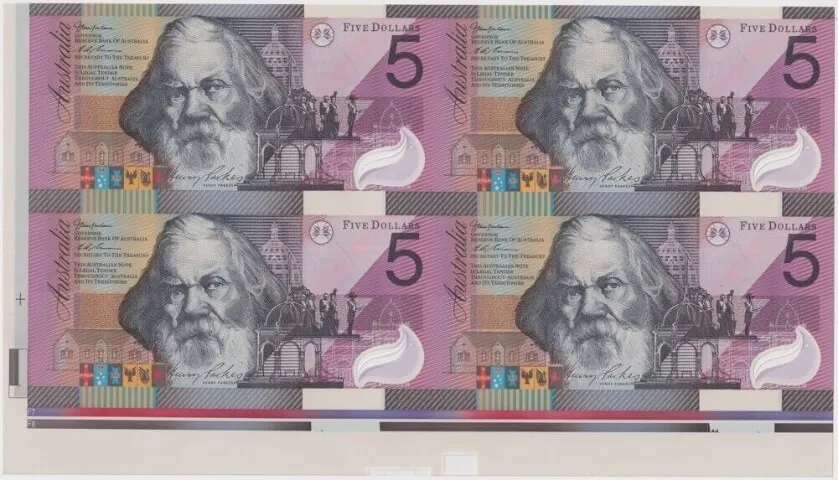 2001 Uncut Block of Four Five Dollar Notes Centenary of Federation