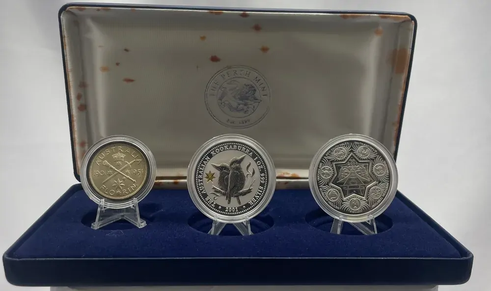 2001 Silver 3 Coin Set Federation Star Collection - Holey Dollar, 1oz Privy and 1951 Florin