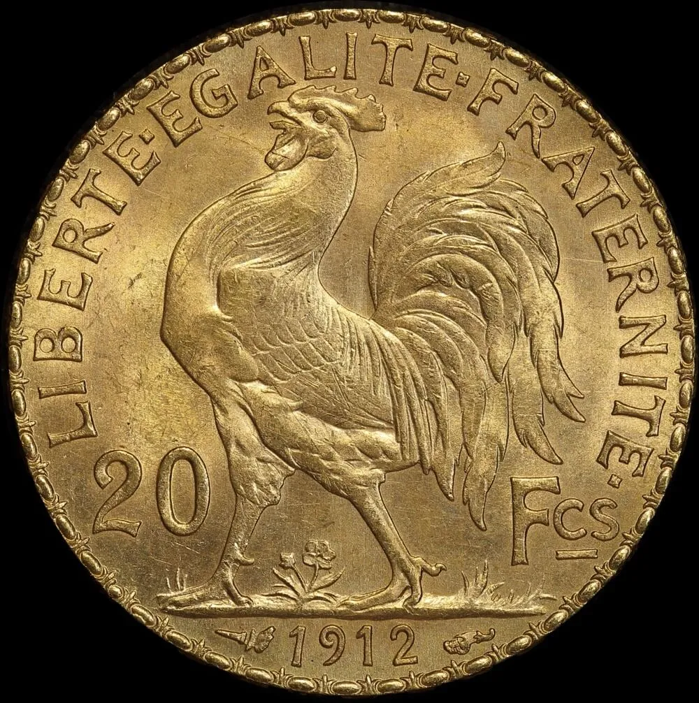 France 1912 Gold 20 Francs Rooster KM#857 Uncirculated product image