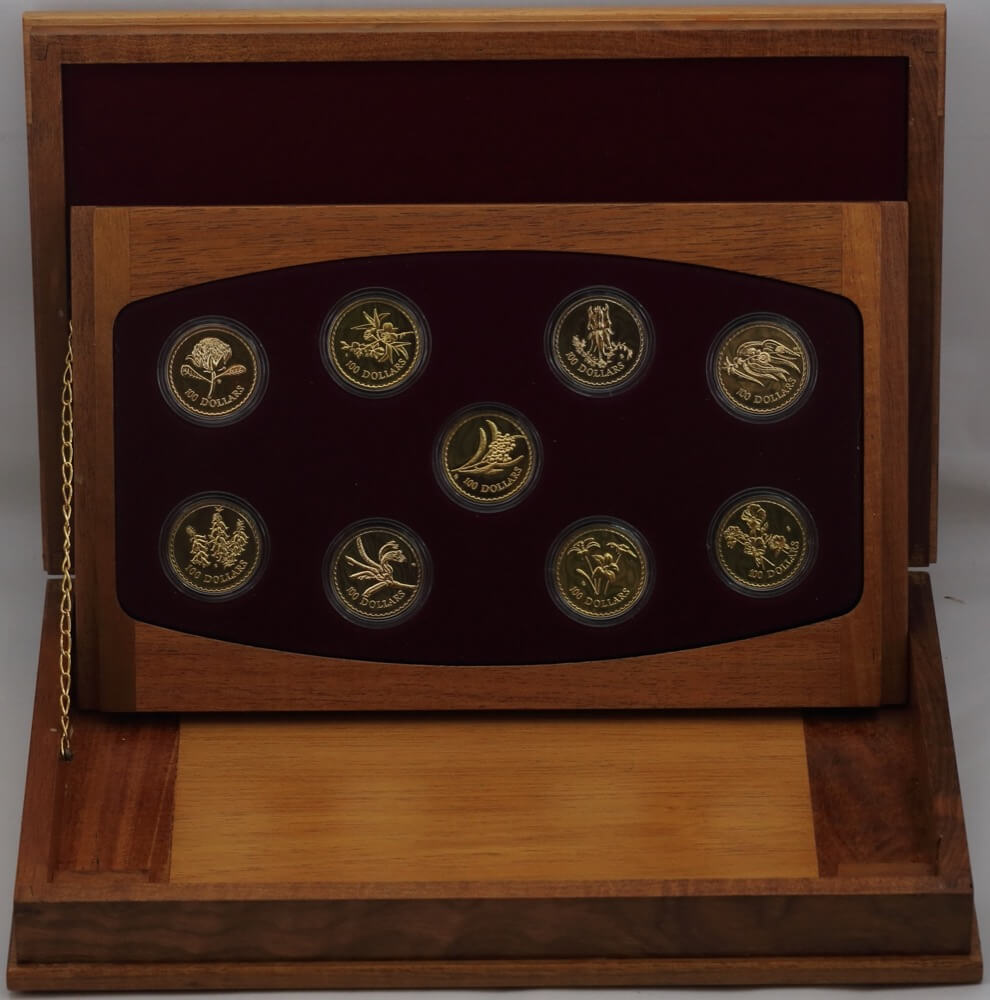 1995 - 2003 Complete Set of 9 100 Dollar Gold Unc Coins Floral Emblems