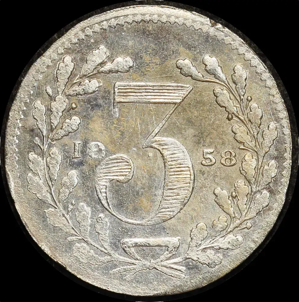 1858 Hogarth & Erichsen Silver Threepence Token Extremely Fine