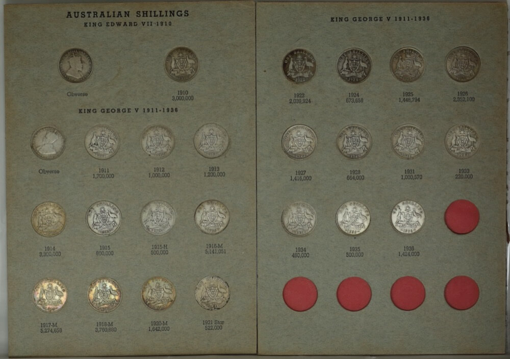 Date Set of Australian Shillings in Pressin Album (Includes 1921* and 1933)