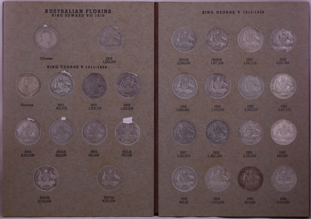 Complete Set of Australian Florins in Pressin Album (1910 - 1964) Includes 1932 and Melbourne Centenary product image