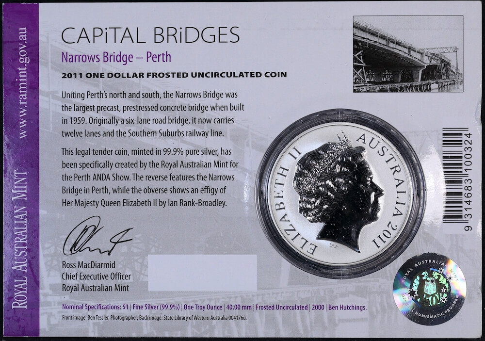 2011 Silver One Dollar Frosted Unc Coin Capital Bridges - Perth Narrows product image
