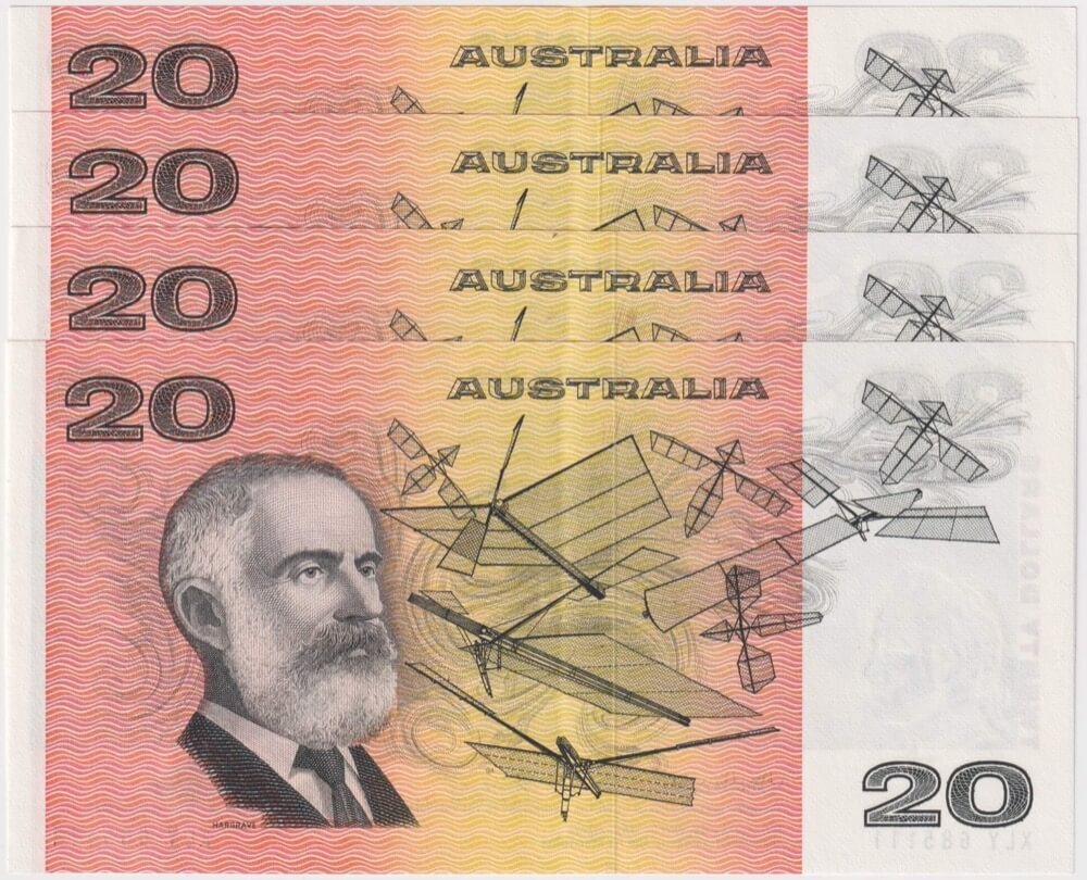 1976 $20 Note Run of 4 Gothic Centre Knight/Wheeler R406A about Unc