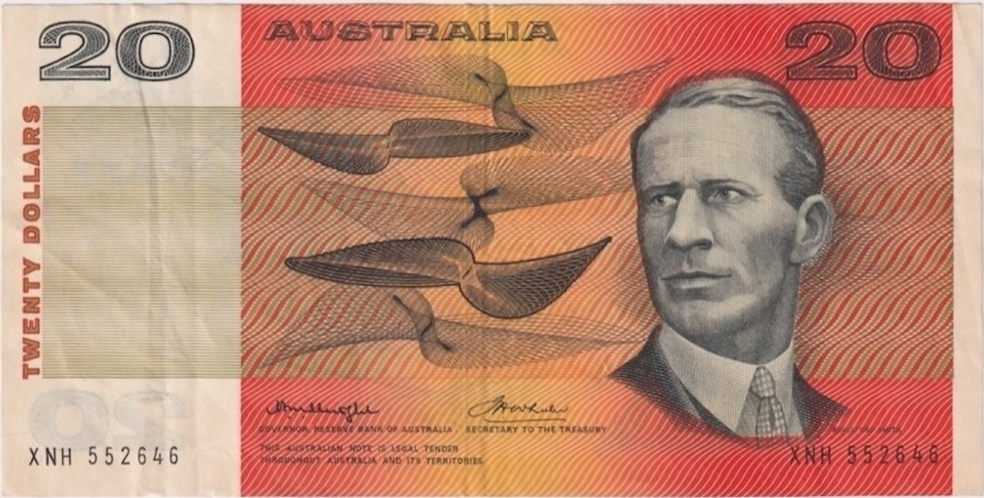 1976 $20 Note Knight/Wheeler Wet Ink Transfer Error R406A good VF