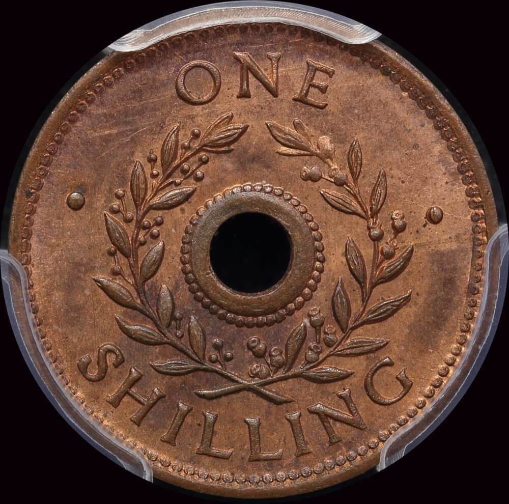 1942 One Shilling Internment Token Choice Unc (PCGS MS 64RB)