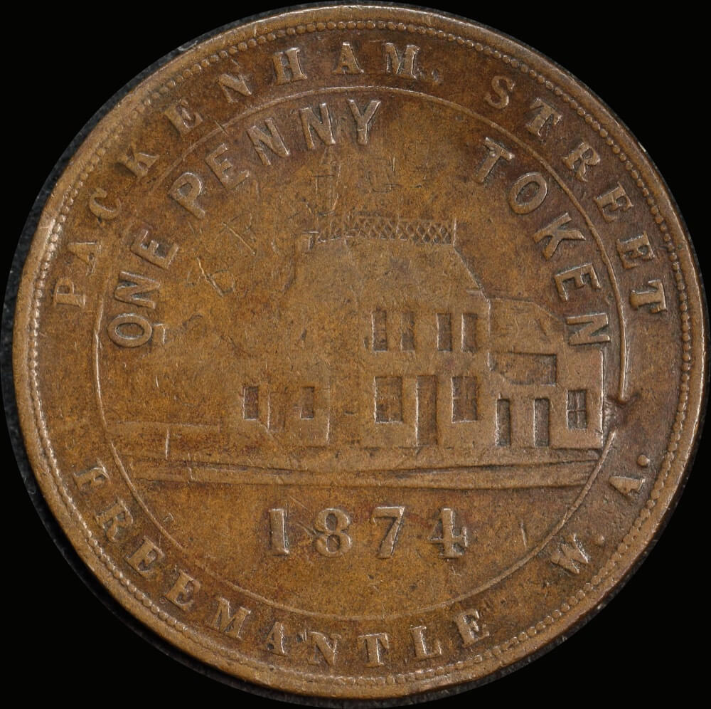 1874 J Henderson Copper One Penny Token A# 216 about VF