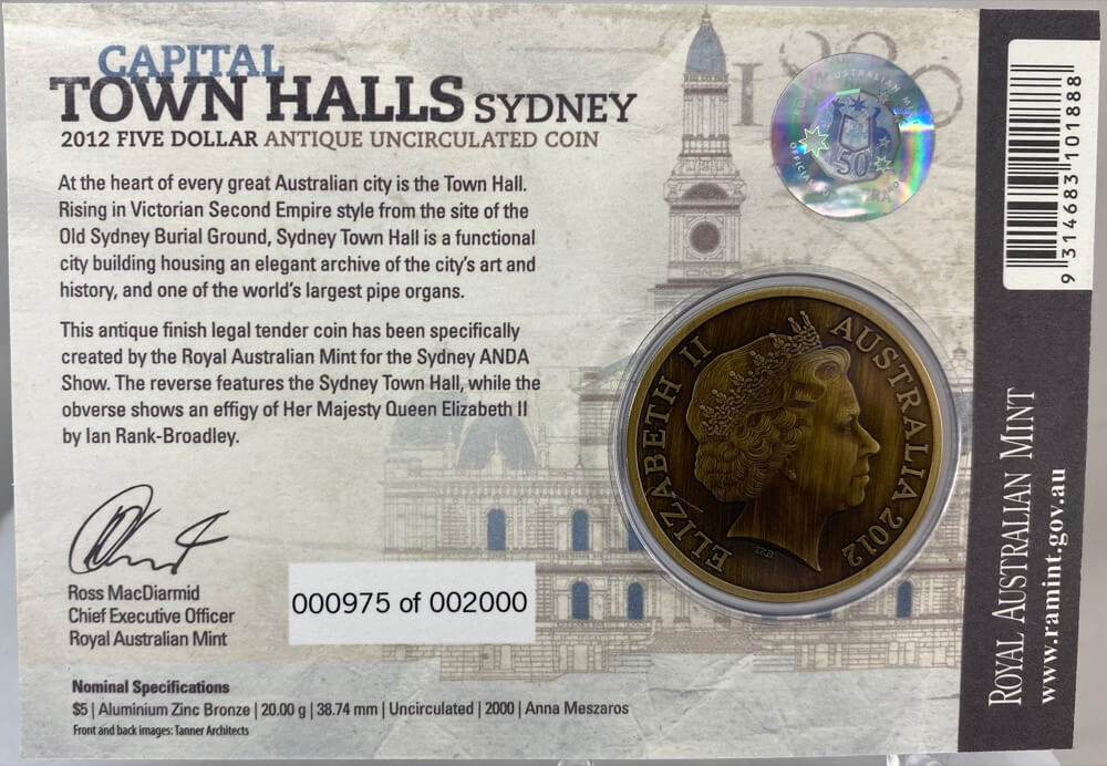 2012 5 Dollar Antique Uncirculated Capital Town Halls Coin - Sydney product image