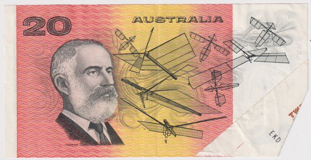 1985 $20 Note OCR-B Serials Side Thread Flap Error Johnston/Fraser R409A about EF