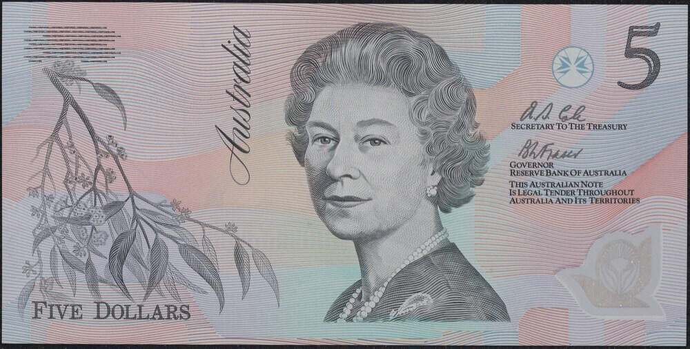 1992 $5 Note Fraser/Cole Pale Green Serials R214i Uncirculated