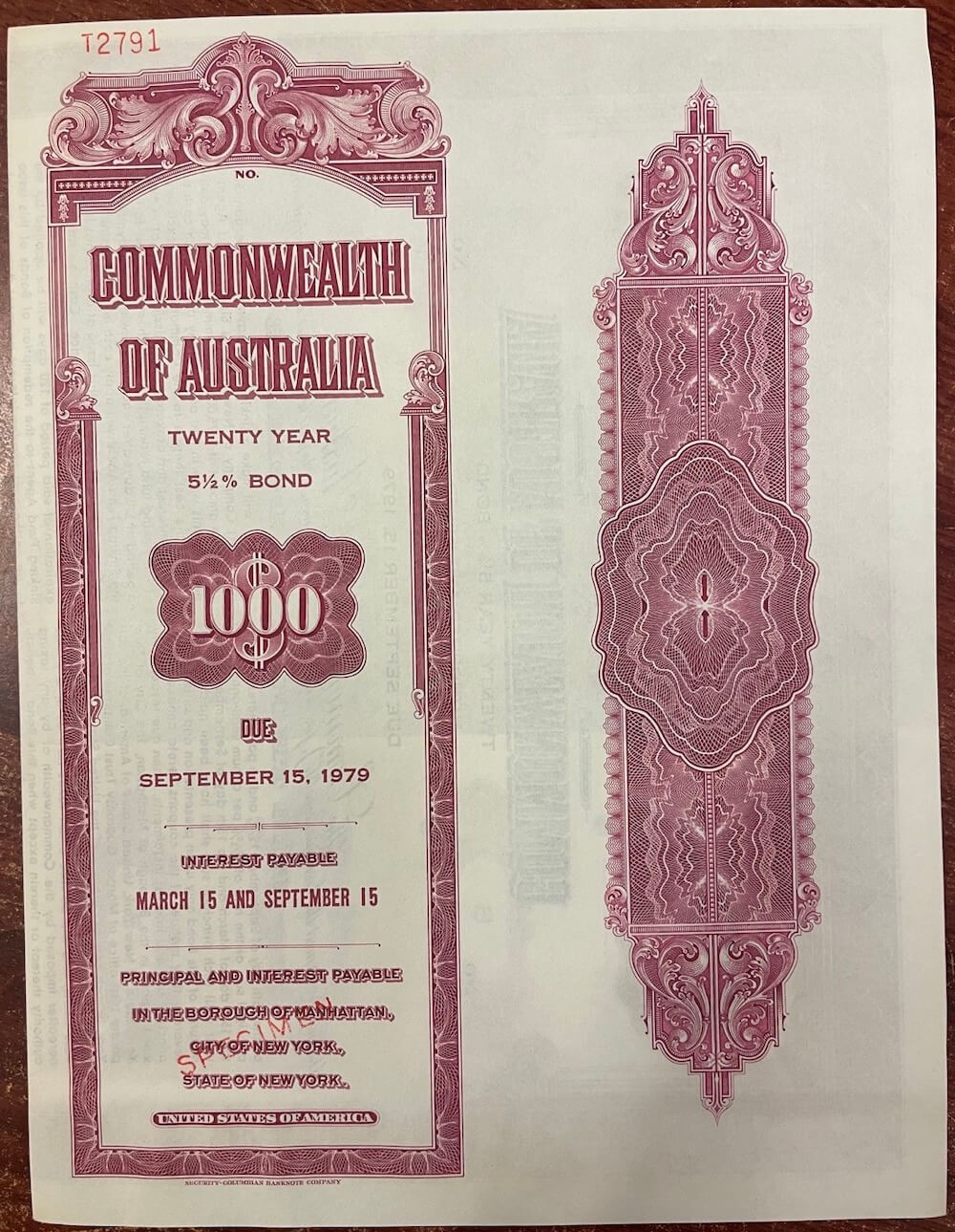 Australia 1959 1000 Dollar Unissued Commonwealth Treasury Bond product image