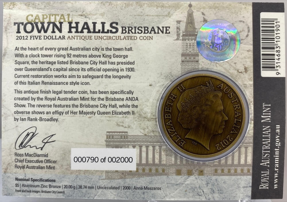 2012 5 Dollar Antique Uncirculated Capital Town Halls Coin - Brisbane product image