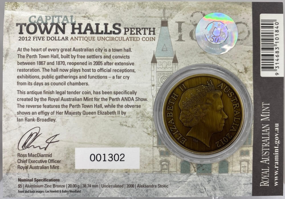 2012 5 Dollar Antique Uncirculated Capital Town Halls Coin - Perth product image