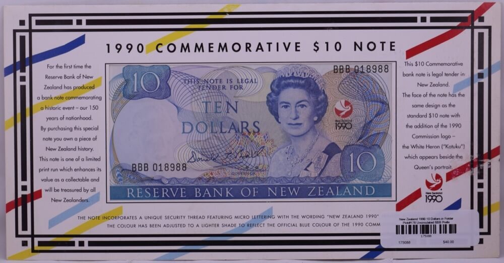 New Zealand 1990 10 Dollars in Folder Pick#176 Uncirculated BBB Prefix product image