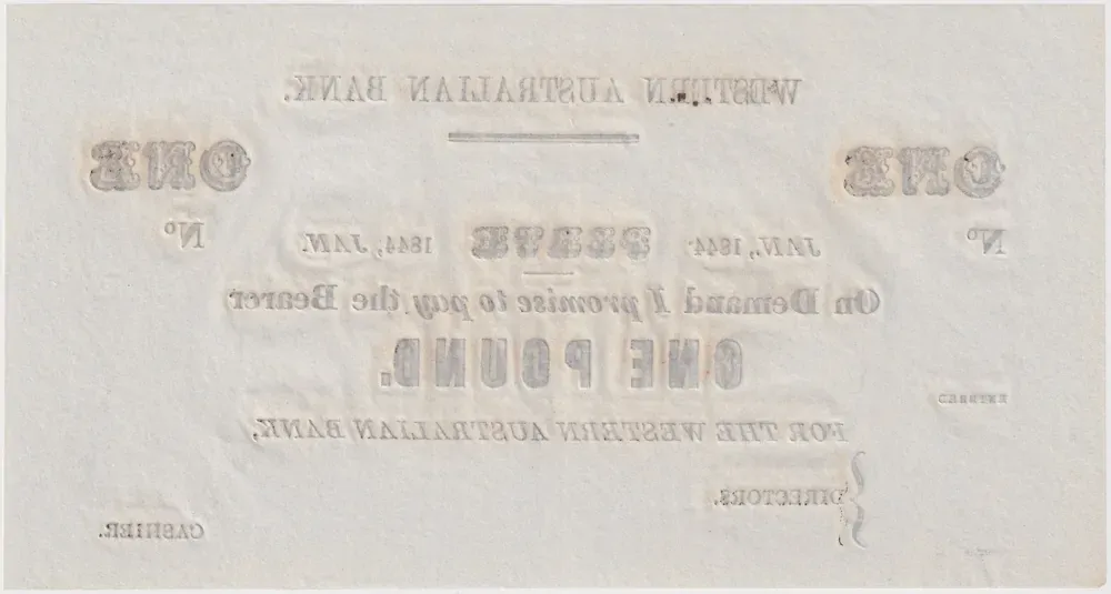 Western Australian Bank 1844 Type I Unissued One Pound Note Uncirculated