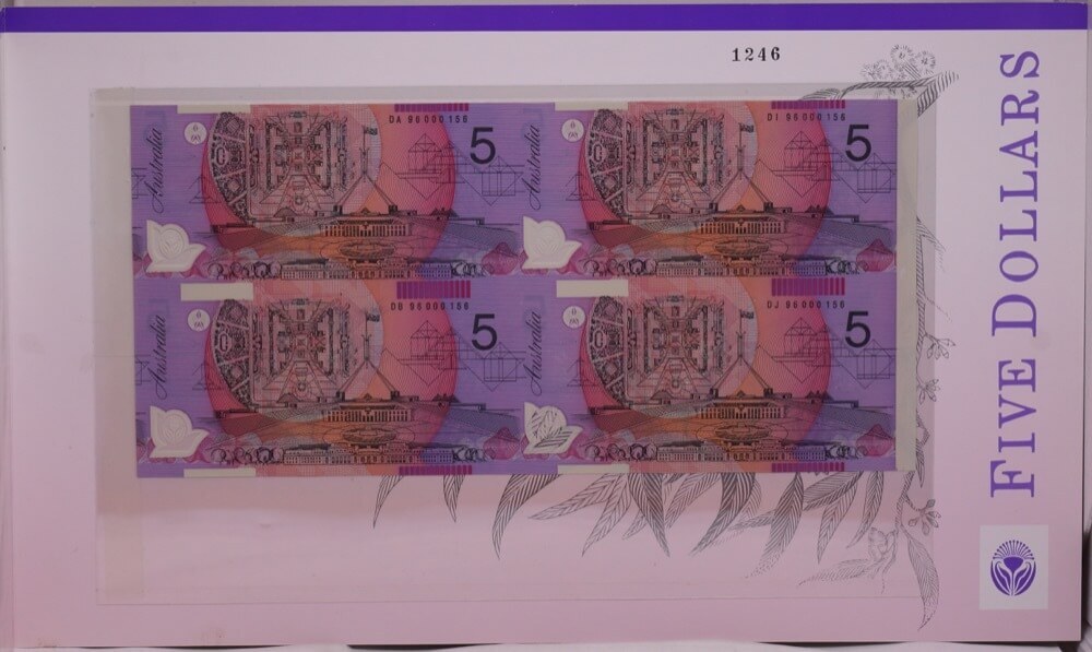 1996 Uncut Block of Four Five Dollar Notes - Deluxe Serials