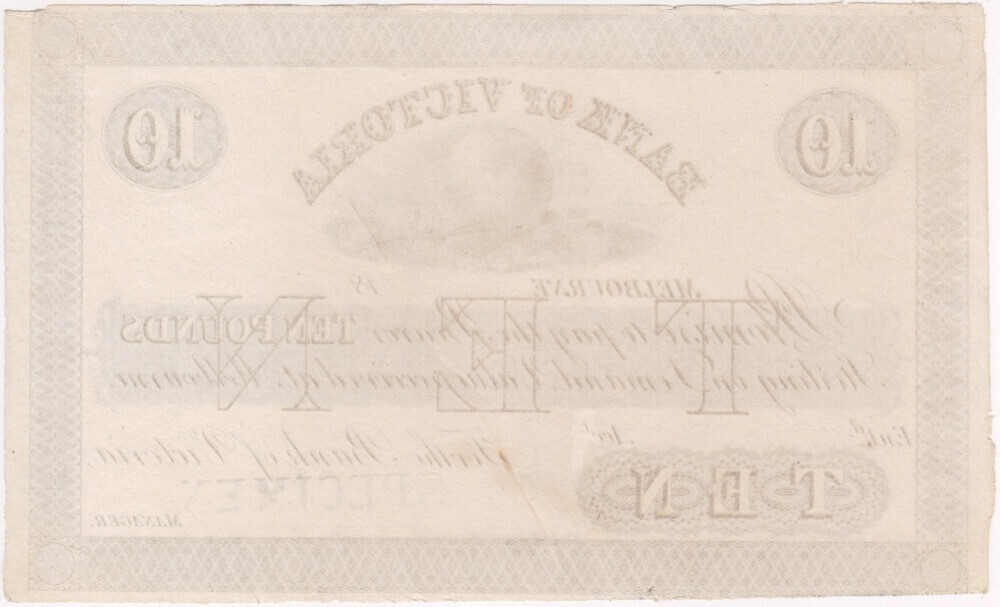 Bank of Victoria (Melbourne) ca 1853 10 Pounds Unissued Printer's Proof MVR# 1 about Unc